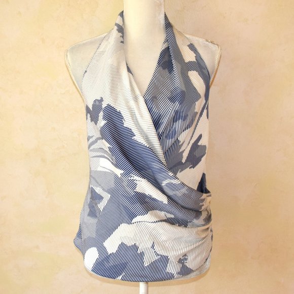 Poleci Tops - POLECI 100% Silk Draped Halter Top Blue Abstract
